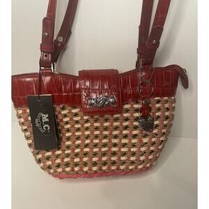 "M.C. Marc Chantal Red Straw & Leather Shoulder Bag Silver Tone Hardware NWT